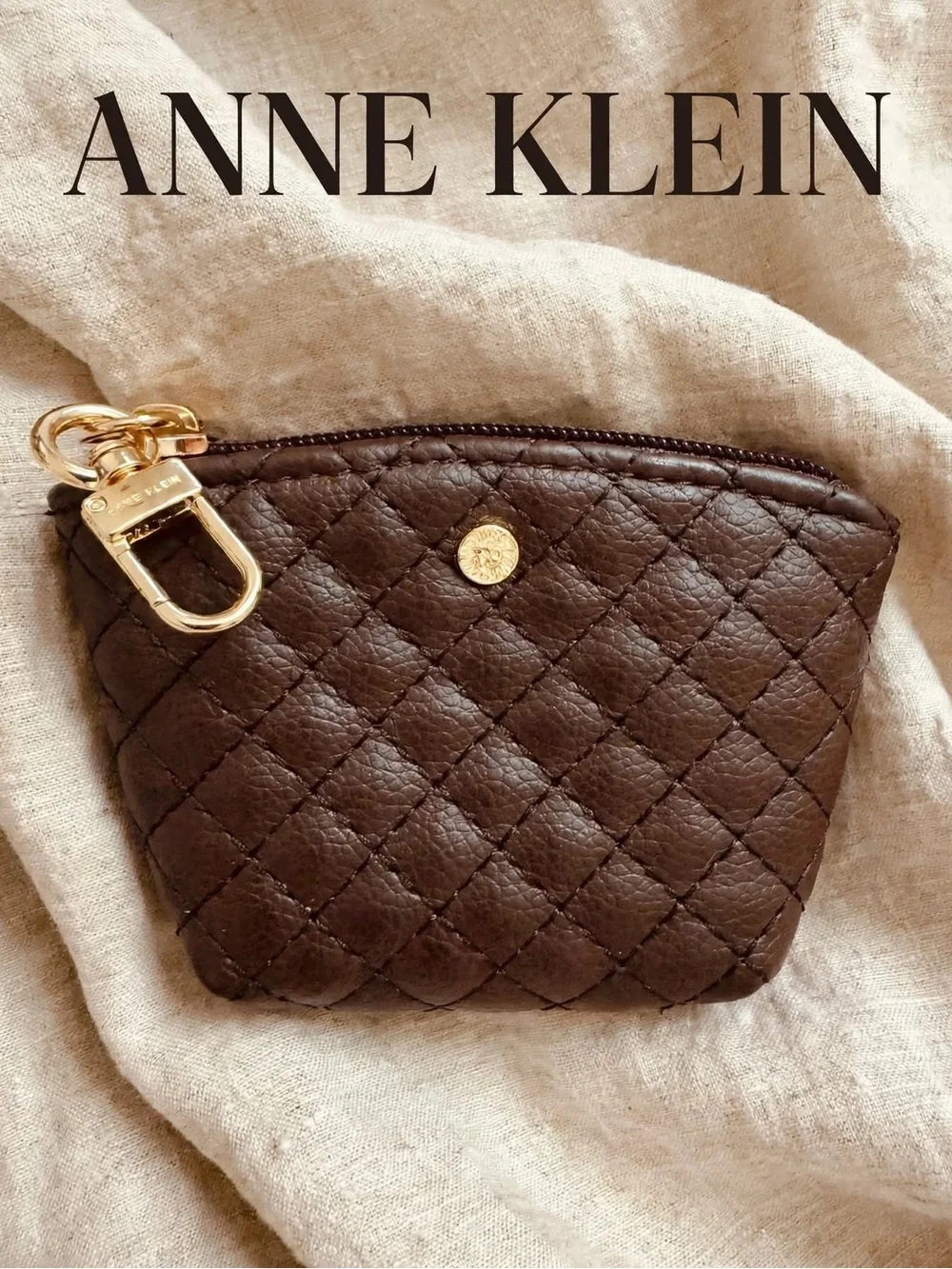 Anne Klein Quilted Chocolate Brown Leather Mini Pouch with Gold Hardware 8.27B